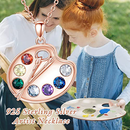 Artist Paint Palette and Brush Necklace - 925 Sterling Silver Pigment Pendant, Colorful Painters Charm, Future Artist Jewelry Gifts for Women - style: Palette Necklace-rose gold