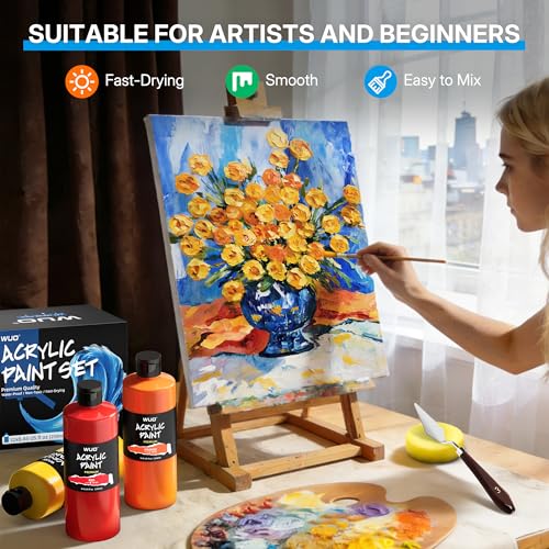 WUO 12 Colors Acrylic Paint Set, 250ml/8.45oz Bottles Acrylic Paint, Large Bulk Rich Pigment, Non-Toxic Waterproof Multi-Surface Painting Supplies for Artists Beginners on Canvas Wood Rock Crafts - color: 12 Colors