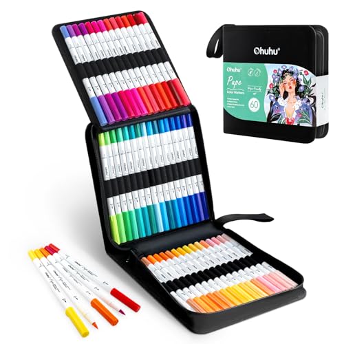Ohuhu Markers Paper-friendly No Peeling Water-based 60 Colors Dual Brush Fineliner Tips Markers for Adult Coloring Books No Bleeding Coloring Markers for Kids Beginner Calligraphy - Pupe - style: 60 Colors