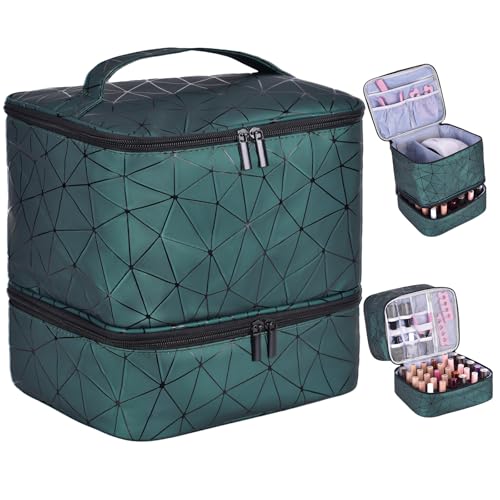 PU Leather Nail Polish Organizer, Double Layer Nail Polish Storage Holds 30 Bottles (15ml/0.5fl.oz) & Nail Lamp, Portable Nail Bag Organizer Case for Nail Tech Travel & Manicure Kit - color: Green