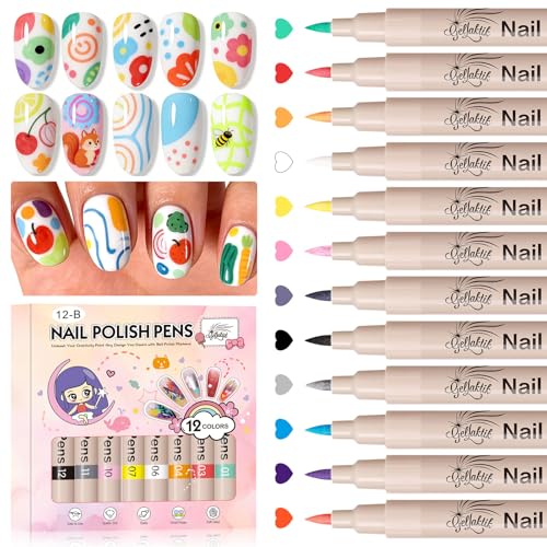 12 Colors Nail Art Pens Set, 3D Nail Polish Pens Quick-Drying Acrylic Paint Markers, Dotting Liner Brush for DIY Nail Design, Home & Salon Manicure Tools - color: yellow