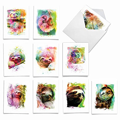 The Best Card Company Animal Assorted Watercolor Blank Greeting Card Box Set - Incl. 10Unique Notecards Designs + Envelopes, Thank You, Invitations- Funky Rainbow Sloth AM6866OCB-B1x10 - style: Funky Rainbow Sloth