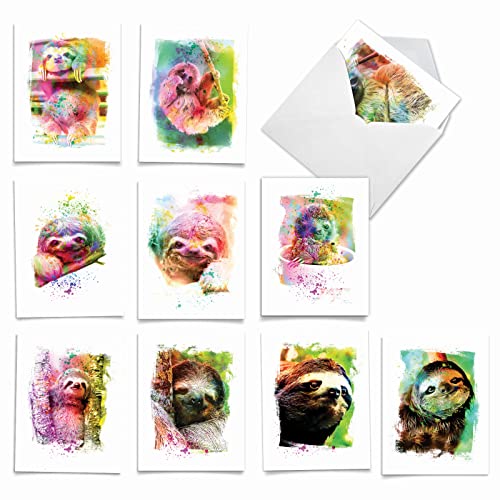 The Best Card Company Animal Assorted Watercolor Blank Greeting Card Box Set - Incl. 10Unique Notecards Designs + Envelopes, Thank You, Invitations- Funky Rainbow Sloth AM6866OCB-B1x10 - style: Funky Rainbow Sloth