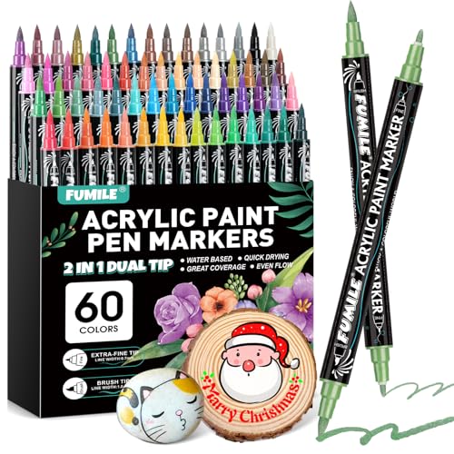 FUMILE 60 Colors Acrylic Paint Markers Dual Tip(Fine and Brush Tip), Acrylic Paint Pens paint Marker for Wood, Rock, Plastic, Glass, Ceramic, Canvas.Acrylic Markers Set for Art. - style: 60 Colors Fine and Brush Tip