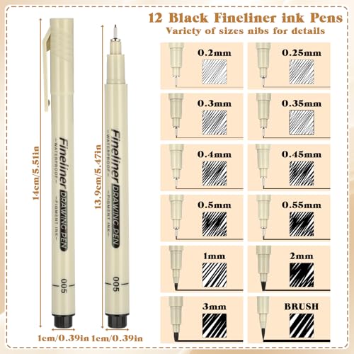 12 Pcs Fineliner Drawing Art Pens Black Waterproof Pigment Ink Set Outlining Archival Quality Markers Thin No Bleed Smooth Supplies for Artists Manga Calligraphy Journaling Illustration