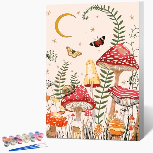 Fountor Framed Paint by Numbers Kit for Adults Beginner & Kids Ages 8-12, Moon Mushroom Forest Paint by Number with Frame, Easy Acrylic Butterfly Painting by Numbers Kit on Canvas 8x12 inch - color: LKOPF0705, size: 8x12 Inch