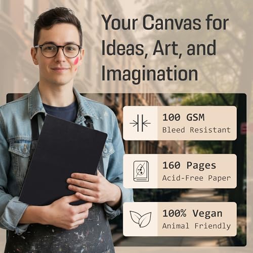 BROWNSTONE JOURNALS A4 Sketch Book Hardcover - 80 Sheets 100 GSM Paper 8.5"x11.5", Lay Flat, Vegan Leather Cover, Elastic Band, Back Pocket, Art Drawing Book (Charcoal Black) - color: Charcoal Black, size: A4 (8.5" x 11.5")