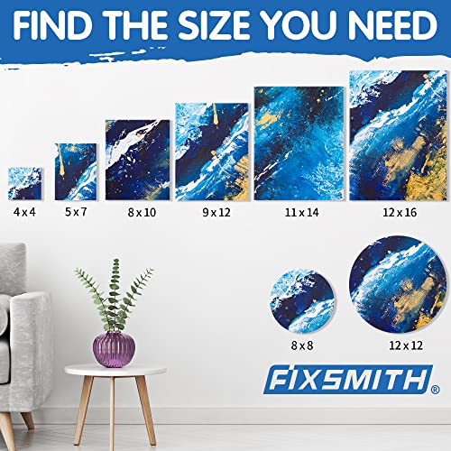 FIXSMITH 24 Pack Stretched Canvases, Multi Pack - 4x4, 5x7, 8x10, 9x12, 11x14, 12x16, Round Canvas 12x12, 8x8 (3 of Each), 100% Cotton, Primed Canvases for Acrylic, Oil, Wet or Dry Art Media… - size: Multipack-24 PK