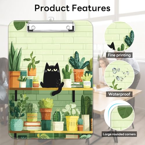 Plastic Cute Clipboard Low-Profile Metal Clip, A4 Letter Size 9 x 12.5 in, 8.5 x 11 Paper Clip Board for Teachers, Nurses, Classroom,Cafe Black Cat - color: Cafe Black Cat