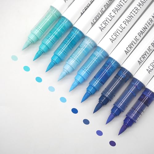 Water Based Acrylic Paint Markers Blue, 9 Colors Acrylic Paint Pens Set with Soft Brush Tip, Marker Pen for Rock Painting, Egg, Wood, Glass, Paper, Mugs, Acrylic Painter Ink (Blue Series) - color: Blue Series