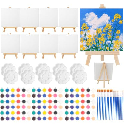 Sigowal 10 Set Canvas Painting Kit, 4 x 4 Inch Canvas Boards for Painting with Easel, Acrylic Paint Strips, Brushes, Palette, Mini Canvas and Easel Set for Kids Adults Beginner Gift Party - color: 10 Set 4 x 4 inches