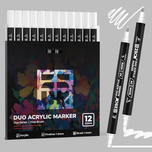 12 White Acrylic Paint Markers, Dual Tip Acrylic Brush Pens with Fine Tip & Brush Point, Bright White Acrylic Markers for Highlighting on Dark Surfaces Wood Canvas Stone Glass - color: 12 White
