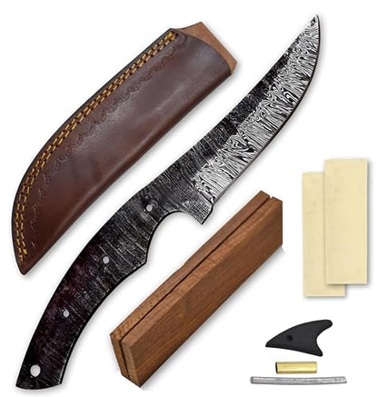 Custom Hand Forged Damascus Steel Blank Blade DIY Knife Making Kit Including Walnut Scale, Leather sheath, Pin, Fiber Sheet Camping Blade Damascus Blade Billet Handmade Knife Making Supply (BK-J) - color: BK-J