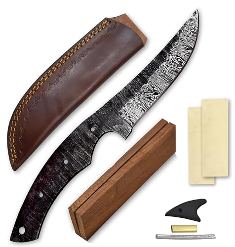 Custom Hand Forged Damascus Steel Blank Blade DIY Knife Making Kit Including Walnut Scale, Leather sheath, Pin, Fiber Sheet Camping Blade Damascus Blade Billet Handmade Knife Making Supply (BK-J) - color: BK-J