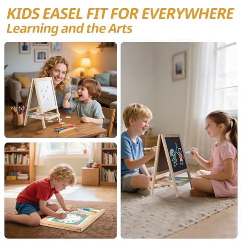 Tabletop Painting Wooden Art Easel for Kids - 4-in-1 Double-Sided Drawing Board for Toddlers 2-4, Chalkboard & Dry Whiteboard with Markers, Eraser, Magnetic Letters/Numbers & Flashcards