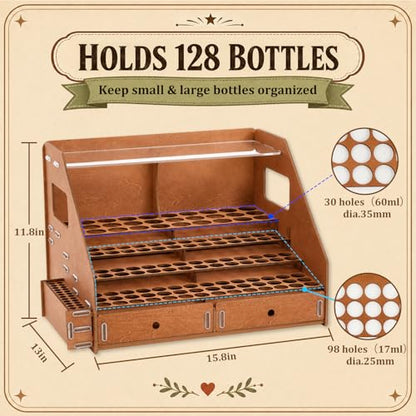 Colingmill 128 Holes Wooden Paint Organizer with Acrylic Storage Shelf 26 Brush Slots, 6 Drying Slots 2 Miniature Paint Handles 2 Drawers for Miniature Paints Storage 2oz and 17ml Bottles