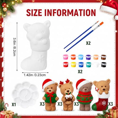 Soulchen 17 Pcs Paint Your Own Christmas Bear Ceramic Paint Craft Set Include 12 Unpainted Ceramic Bears 2 Strips of Paints with 2 Brushes 1 Palette Toys Gift for Birthday Christmas - style: Christmas Bear
