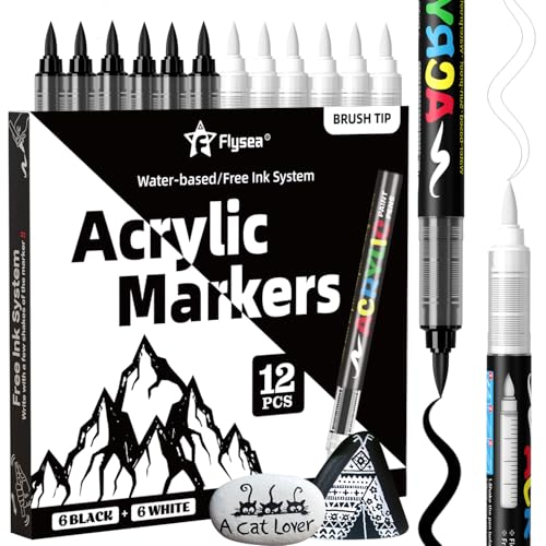 Paint Pens Acrylic Markers - 6 Black & 6 White Brush Tip Water Based Marker Pens for Rock Painting, Wood, Ceramic, Glass, Acrylic Paint Markers for Egg Pumpkin - color: Black & White, size: 12 Pcs