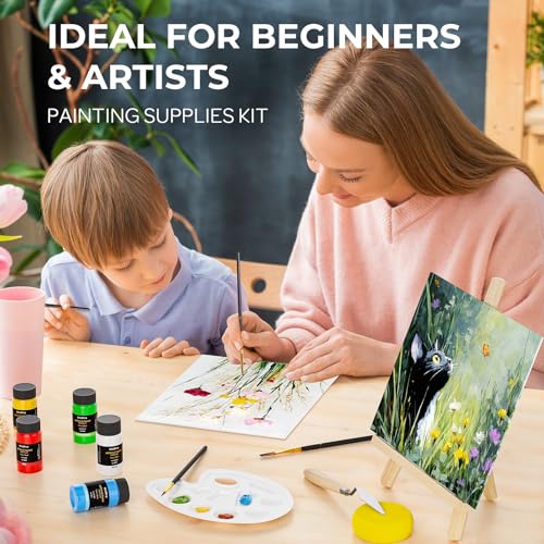 Nicpro Acrylic Paint Canvas Set for Adults, 46PCS Art Painting Supplies Kit with 24 Acrylic Paints(36ML), Table Wood Easel, 5 Canvas Panels, 12 Brushes, Paper Pad, Palette for Artist Beginner Students - color: 24 colors