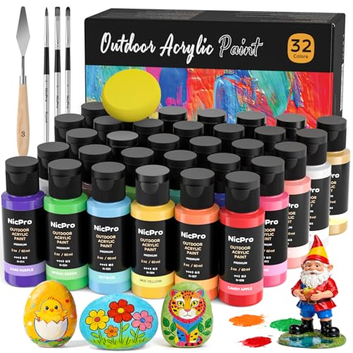 Nicpro 32 Colors Outdoor Acrylic Paint Bulk with Brush and Sponge, Knife, Non-Toxic Paint for Multi-surface Rock, Wood, Fabric, Leather, Crafts, Canvas, Shoes and Wall Painting - color: 32 Colors, size: 2 Fl Oz (Pack of 32)