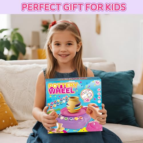 Cmiolacuna Pottery Wheel for Kids, Complete Kit with Air-Dry Clay，Ages 8-12 | Beginner pottery kit with air-dry clay, 12 paints, clay tools and apron - no kiln needed, screen-free craft gift ages 8-12 - color: Pink