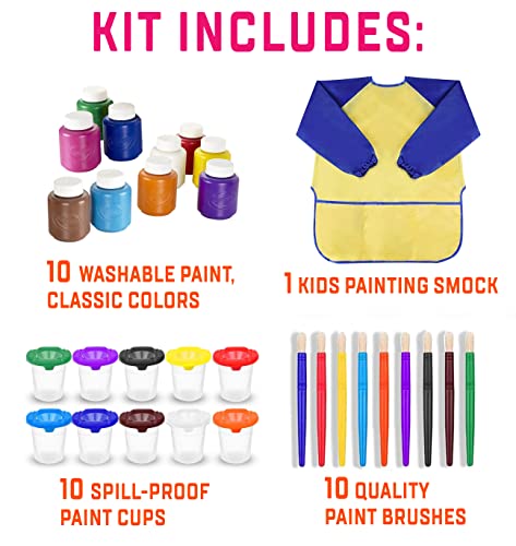 The Mega Deals Kids Painting Set - Washable Non-Toxic Finger Paints (10 Colors of 2 oz) with 10 Paint Cups, 10 Brushes, Kids Smock Mess-Free Toddler Art Supplies Painting Kit for Kids Gift Bundle