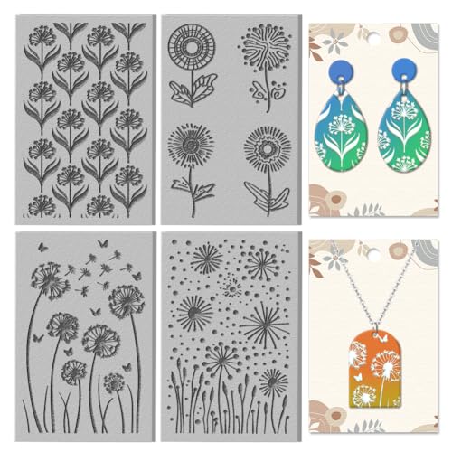 CHGCRAFT 4 Sheets Dandelion Clay Texture Mat Realistic Butterfly Flat Lay Pattern Polymer Clay Texture Sheets DIY Tools for Pottery Earring Jewelry Making Stamp Engraving Machines, 4x2.6inch - style: Dandelion