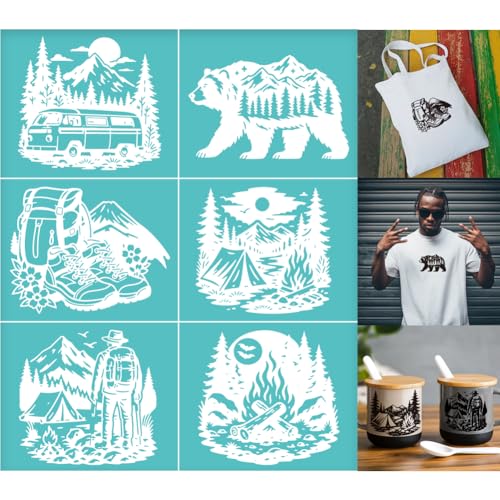 2 Sheets Outdoor Camping Silk Screen Stencil, Shoes Bag Car Bear Forest Reusable Mesh Stencil Self-Adhesive Silk Screen Printing for Wall Border Wood Fabric Home Craft Decor - style: Outdoor Camping