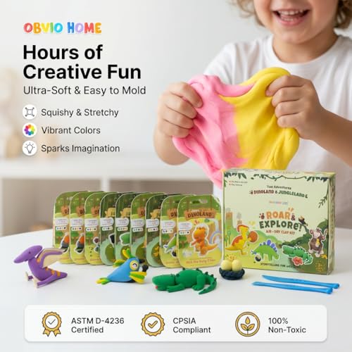 Air Dry Clay for Kids - 12 Dinosaur & Jungle Designs Modeling Clay Kit - Model Sculpting Set, Ultra Soft Safe & Non-Sticky | DIY Crafts, School Projects & Party Favors for Boys & Girls