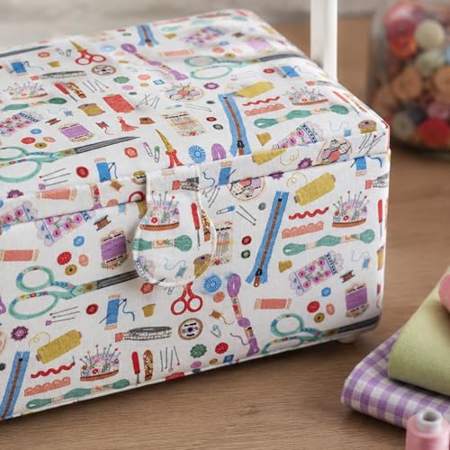 Hobby Gift Medium Sewing Box Organiser, Fabric Covered Storage Box with Handle, Internal Tray, Pin Cushion and Pocket for Sewing, Quilting and Knitting Supplies - color: Haby Notions
