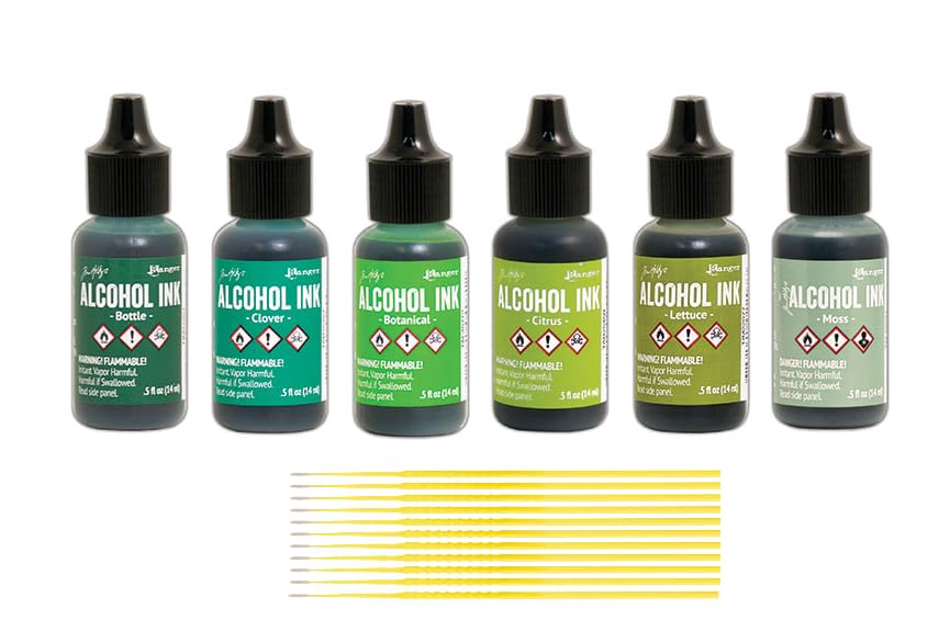 Ranger Alcohol Inks Set Bundles - 6 Bottles of Tim Holtz Alcohol Inks with Trebbies Fine Detail Sticks (Shades of Green) - color: Shades of Green