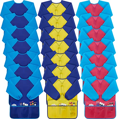 Yahenda Kids Art Smocks Toddlers Painting Apron Waterproof Artist Smock for Children with Long Sleeve 3 Pockets for 2-8 Years - color: Rose Red, Dark Blue, Yellow