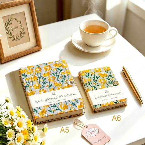 Daisy Gifts for Women, Flower Embroidered Journal, A6 Pocket Sketchbook, Small Unlined Notebook 4x6, Hardcover, Lay Flat, Cute Notebooks, Pretty Journal, Yellow Daisy - color: A6-Button-Yellow, style: Minimalist