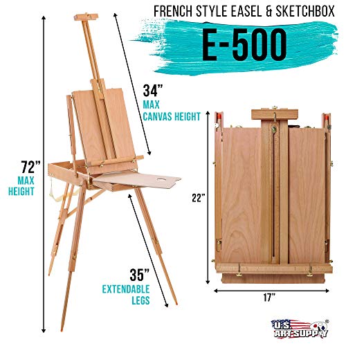 U.S. Art Supply Large Beechwood French Easel, Adjustable Plein Air Easels Sketchbox Tripod for Field & Studio Painting Easel for Adults, Drawing, Display - Portable with Artist Drawer & Palette - style: Easel
