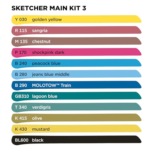 Sketcher Twin Tip Molotow Marker Set 12 Pack - Aqua Pro Ink Dual Nib 2-5mm Ink Pen Art Drawing Bundle (Main 3) - style: Main Kit 3