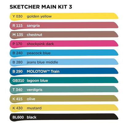 Sketcher Twin Tip Molotow Marker Set 12 Pack - Aqua Pro Ink Dual Nib 2-5mm Ink Pen Art Drawing Bundle (Main 3) - style: Main Kit 3