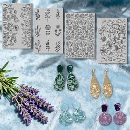4 Sheets Flowers Pattern Clay Texture Mat Branches Polymer Clay Texture Sheets DIY Tools for Pottery Earring Jewelry Making Stamp Engraving Machines, 3.9x2.6inch - style: Flowers