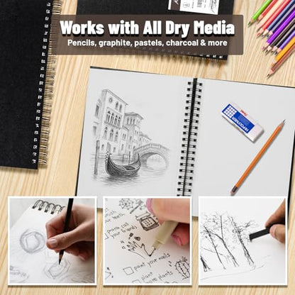KAKKUE 9" x 12" Hardcover Sketch Book, 160gsm/80 Sheets Thick Sketch Paper Pad for Drawing & Illustration, Spiral Bound Mixed Media Art Sketchbook, Acid-Free Perforated for Artists, Beginners & Kids - size: 9*12 inch