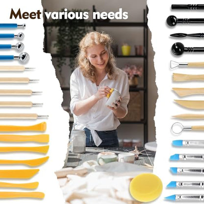 32Pcs Clay Sculpting Tool Kit, Pottery Carving Tools with Silicone Dotting Pen, Sponge and Modeling Sticks for Polymer Clay Molding Dotting Stippling Carving Shaping, Pottery Craft