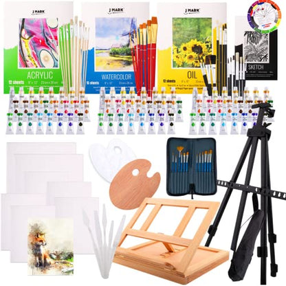 J MARK Painting Kit for Adults, Oil Paint Set- All in Deluxe Acrylic, Watercolor and Oil Painting Set - color: Multicolor