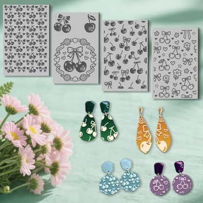 4 Sheets Bow Clay Texture Mat Cherry Pattern Polymer Clay Texture Sheets Valentine's Day DIY Tools for Pottery Earring Jewelry Making Stamp Engraving Machines, 3.9x2.6inch - style: Cherry Pattern