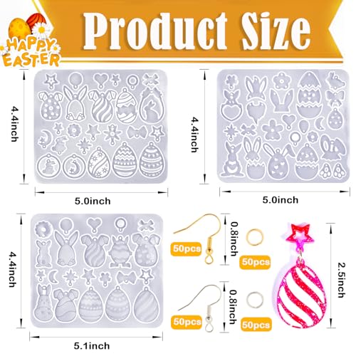JHYlilia 3 Pack Easter Earring Molds for Resin, Easter Bunny Molds Silicone Egg Epoxy Resin Casting Mold with 200pcs Metal Hook for Keychain Jewelry Pendant DIY Earring Supplies - color: Easter 3pcs