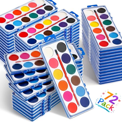 72 Pack Watercolor Paint Set, Washable Watercolor Paint Bulk for Kids, Water Color Paint with Paint Brushes, Ideal Gifts for Party Favors, School Supplies & Classroom Prizes, Art Activities, 12 Colors