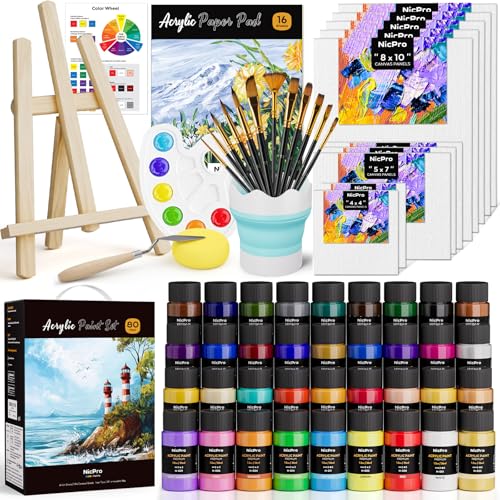 Nicpro Acrylic Paint Canvas Set for Adults, 80PCS Art Painting Supplies Kit with 36 Paints(36ML), Table Wood Easel,10 Canvas Panels,12 Paint Brushes,Paper Pad, Cup, Palette for Beginner Artist Adults - color: 36 colors