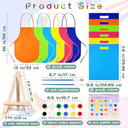 48PCS 12 Sets Printed Canvas Paint Art 12 Pcs Wooden Easel Set Paint Pots and Brushes and 12 Pre Drawn Canvas Panel 12 Pcs Mini Apron and Tote Bag for Kids(Dainty) - style: Dainty