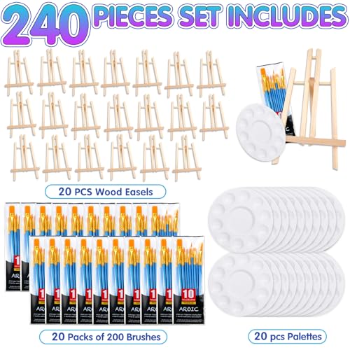 240 PCS Professional Painting Set with 20 PCS Wood Easels,20 Packs of 200 Brushes with Nylon Brush Head and 20 PCS Palettes, Painting Supplies kit for Kids & Adults to Painting Party. - style: 240Pcs(20 Sets)