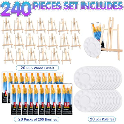 240 PCS Professional Painting Set with 20 PCS Wood Easels,20 Packs of 200 Brushes with Nylon Brush Head and 20 PCS Palettes, Painting Supplies kit for Kids & Adults to Painting Party. - style: 240Pcs(20 Sets)