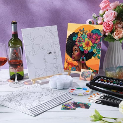 Cholemy 36 Pcs Paint and Sip Kit for Adults 8''x10'' Pre Drawn Canvas for Painting DIY Afro Acrylic Painting Kit Wood Easel Brushes Date Night Bulk for Summer 4th of July Party Gift(Flowers Woman) - style: Flowers Woman