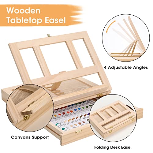 VigorFun Painting Supplies Set, 49 Pieces Watercolor Painting Kit with Wooden Tabletop Easel, Includes Watercolor Paints, Brushes, Palette, Canvas Panels and Painting Pads, for Artists, Adults