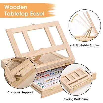 VigorFun Painting Supplies Set, 49 Pieces Watercolor Painting Kit with Wooden Tabletop Easel, Includes Watercolor Paints, Brushes, Palette, Canvas Panels and Painting Pads, for Artists, Adults